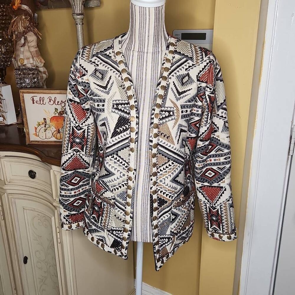 Glamorous western motif jacquard beaded trim open blazer women's size Small
